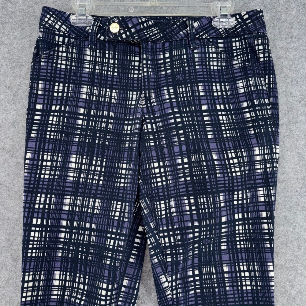 Tory Burch Conner Tab Front Skinny Pants Navy Purple Plaid Grid Size 29 - Picture 5 of 12